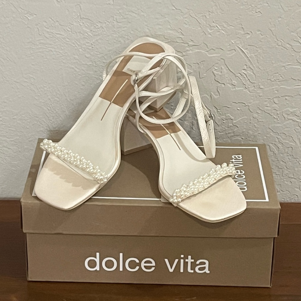 Dolce Vita Ivory Pearl-Trim Ankle Strap Block Heels